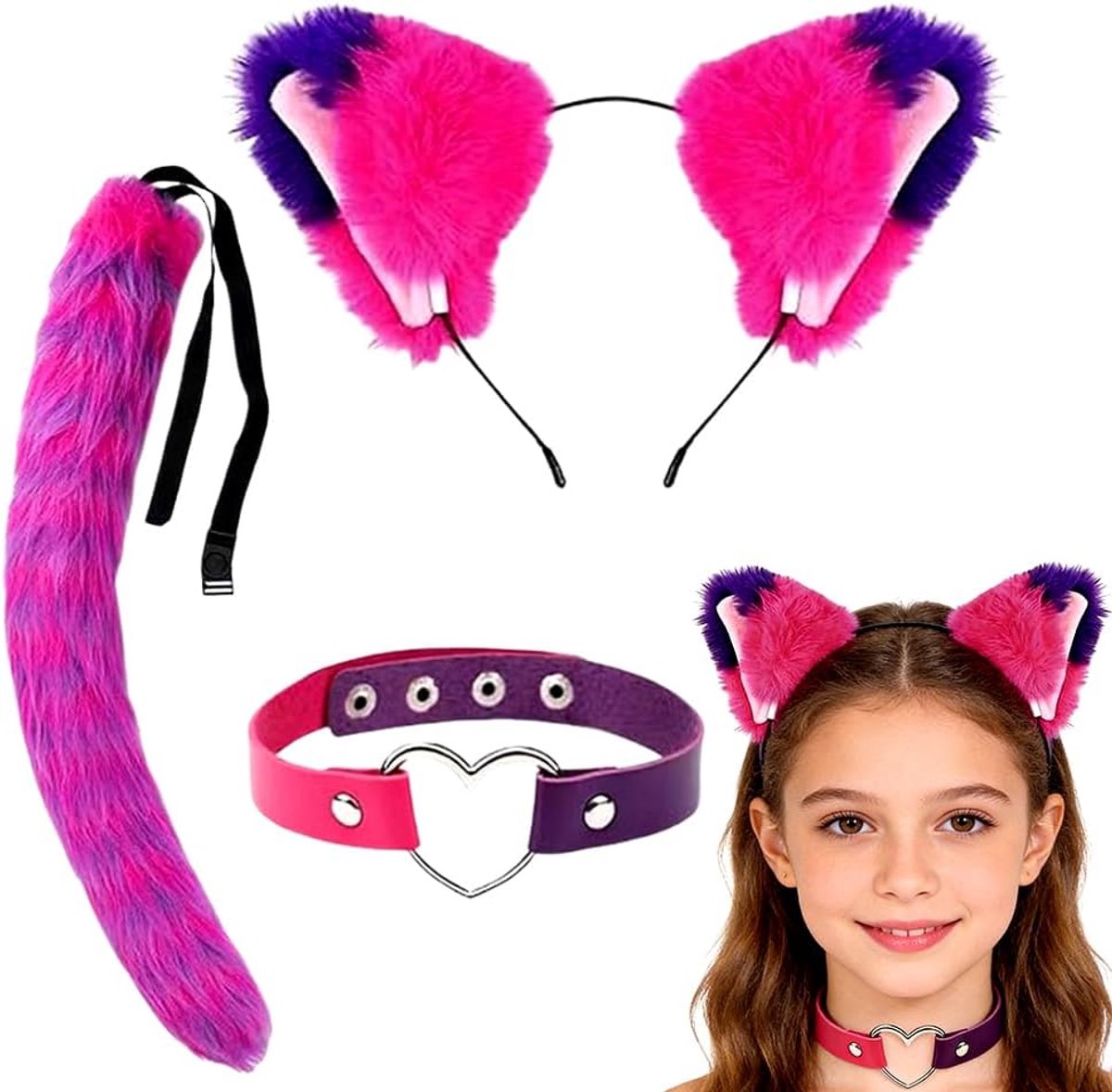 Kattenkostuum Set - Verkleedset Dieren - Feestjes en Spel - Handgemaakt Design - Haarband 21cm - Roze Paars