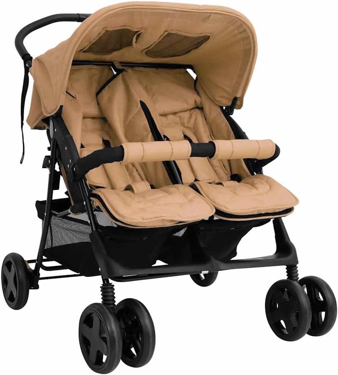 Tweelingkinderwagen - Kinderwagen Babywagen - Uitjes met Kinderen - Opvouwbaar Lichtgewicht - 97 x 80 x 104 cm - Taupe