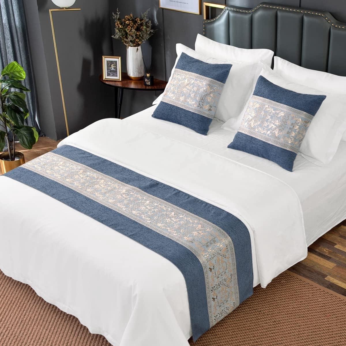 Chenille Bedloper - Bed Sjaal - Decoratie - Huidvriendelijk Ademend - 260x50cm - Blauw