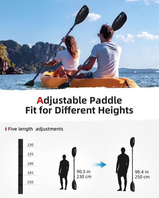 Verstelbare Kajak Peddel - Dubbele Peddel - Watersport - Drijvend Lichtgewicht - 230-250 cm - Zwart — afbeelding 4