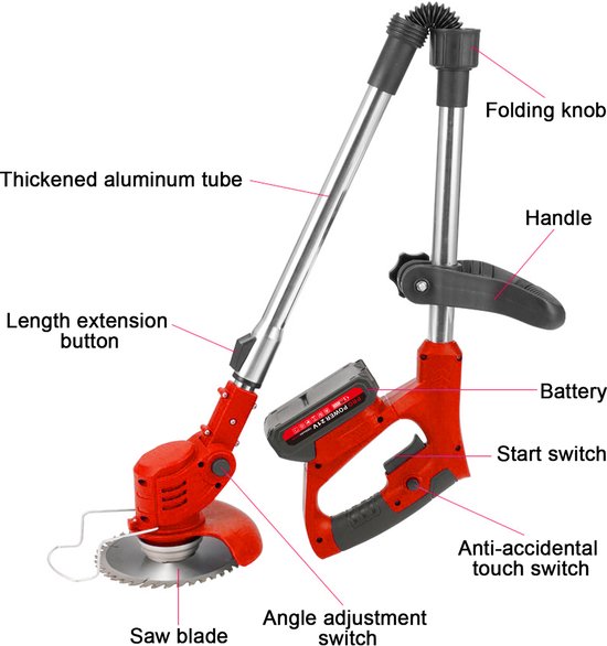 Bosmaaier Grastrimmer - Accu Elektrische Grasmaaier - 30W Rood Handgrasmaaier - Borstelloze Draadloze Grasmaaier - Lengte Verstelbaar - Multifunctionele Snijkop - met 2 Accu's - Tuingereedschap voor Gazon - Draagbare Kantenmaaier van Bosmaaier. — afbeelding 2