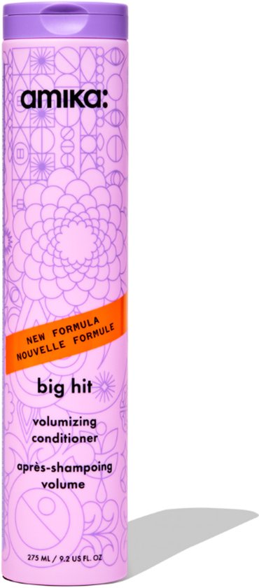 Bouteille de revitalisant volumateur Amika Big Hit violet avec motif géométrique et étiquette orange "new formula".