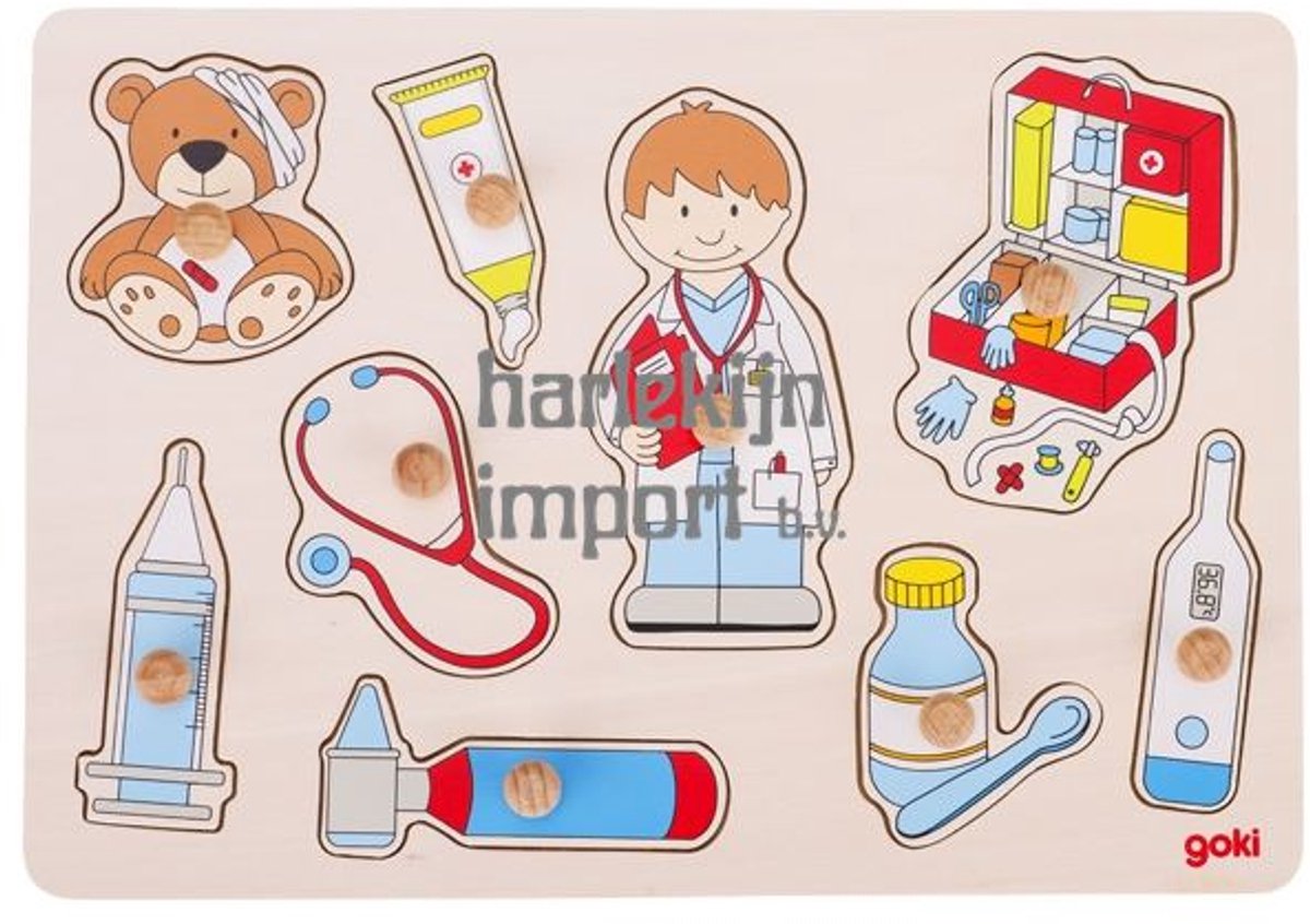 GOKI Steekpuzzel - Bij De Dokter - 9 Delen - 30X21X2,4Cm - Hout - 1 Jaar — afbeelding 4