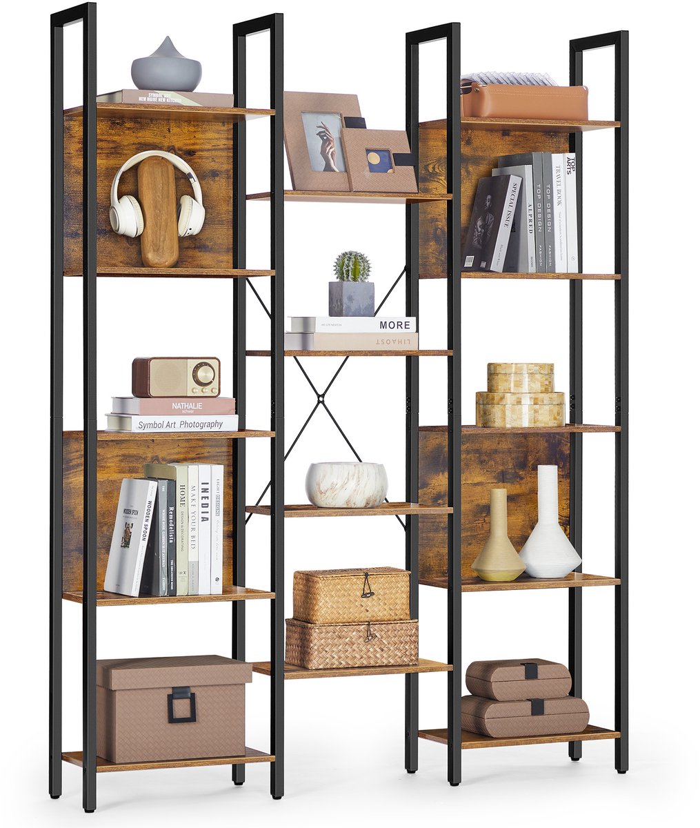 Vasagle Boekenkast - Met 14 Planken - Metalen Frame - Voor Woonkamer Kantoor Industrieel Design Vintagebruin-zwart