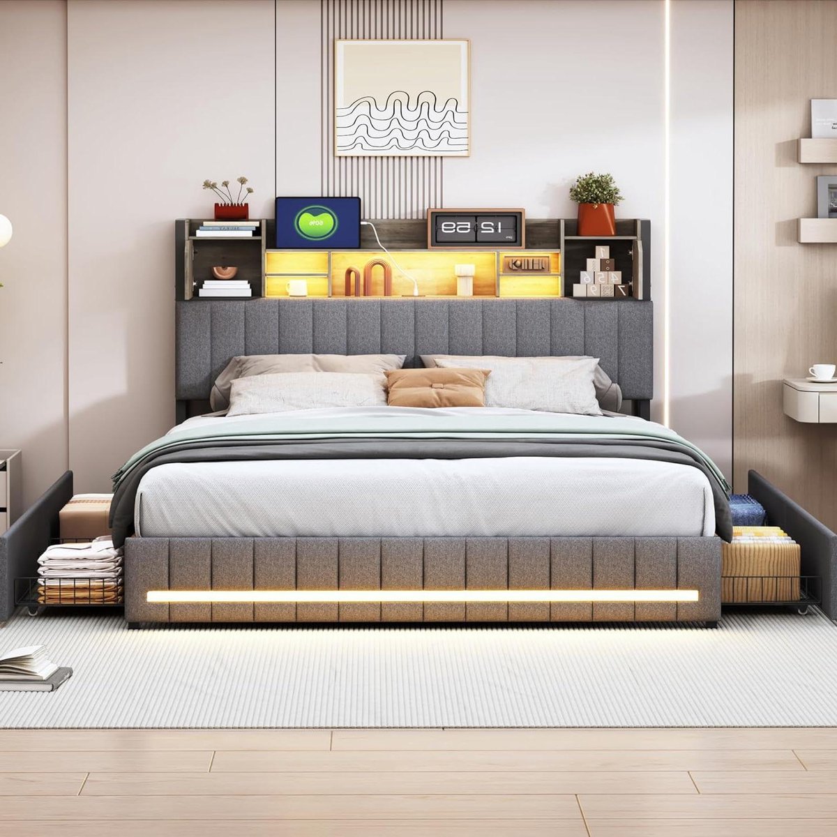 Gestoffeerd Bed - Ladenbed Tweepersoons - Slaapkamer Opbergen - Met LED USB - 160 x 200 cm