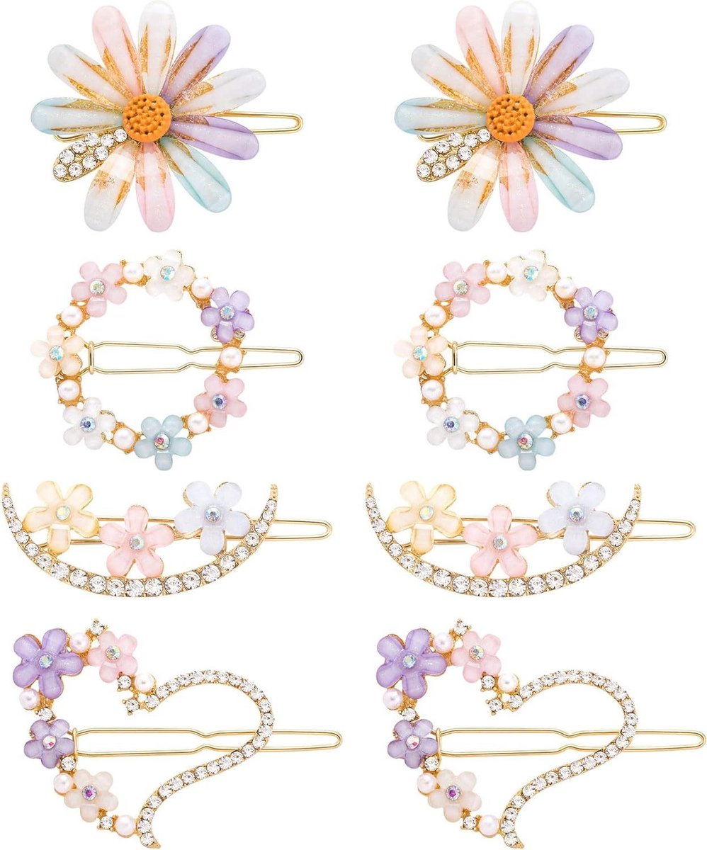 Haarspeldjes Set - Bloem Haarclips - Haarstyling - Met Strass Kristal - 8 Stuks - Goud