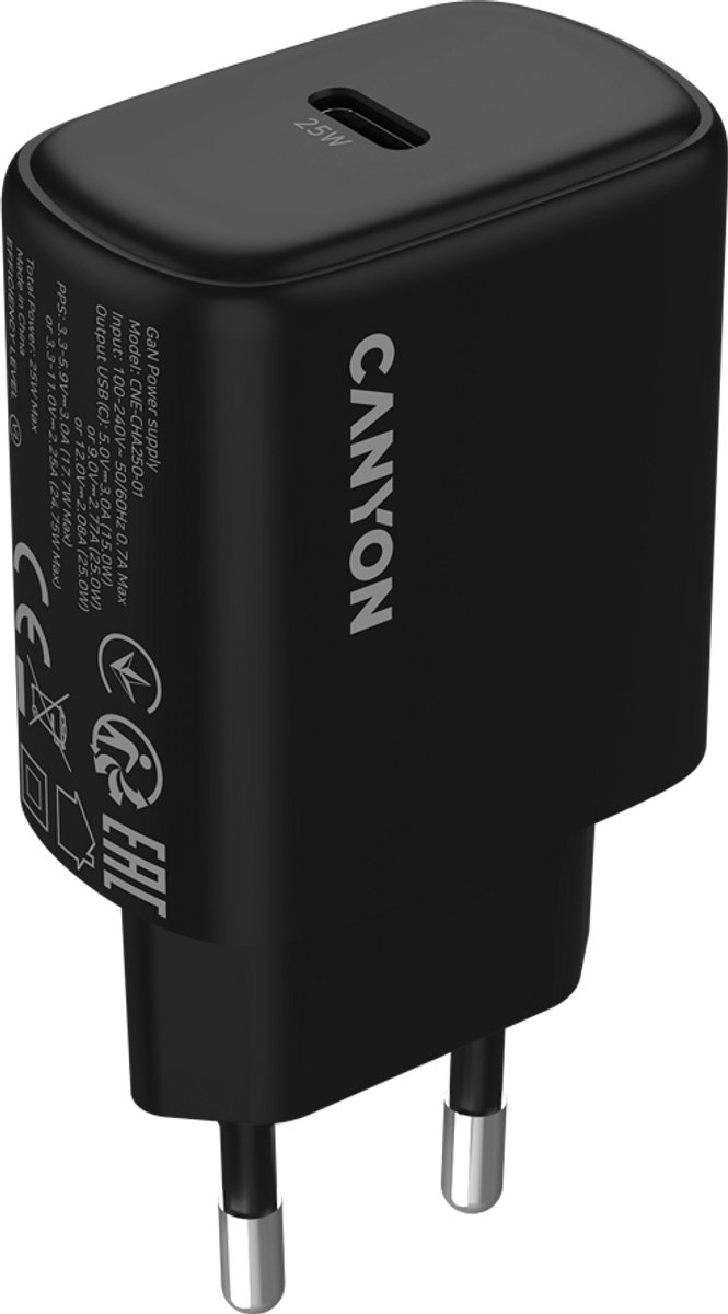 Canyon OnCharge 250 - Wandoplader - 25W USB(C) - Zwart - EU Plug