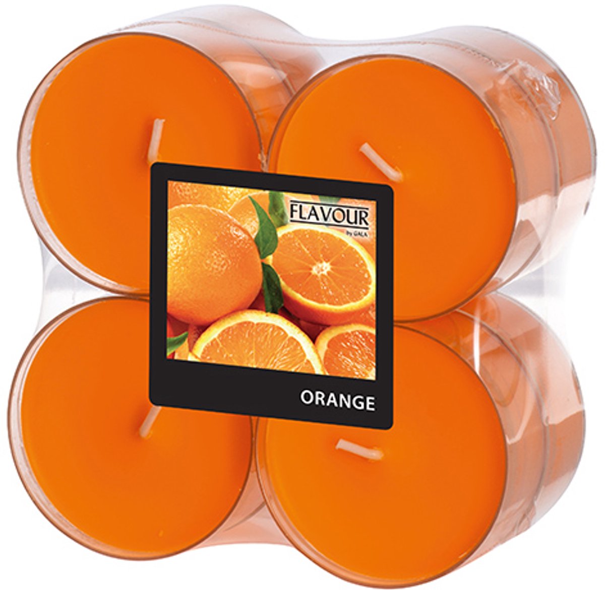 6x 8 GALA Maxi geurtheelichten Ø 59 mm · 24 mm oranje - Sinaasappel in behuizing van polycarbonaat