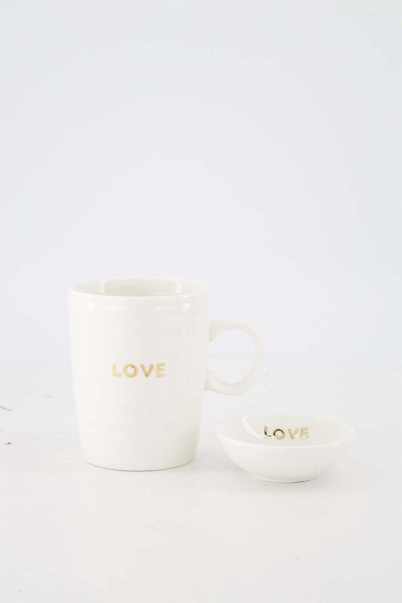 Zusss Set Van Een Theemok En Dipschaaltje Love - Verjaardag - Cadeau Dames Keramiek White / Gold