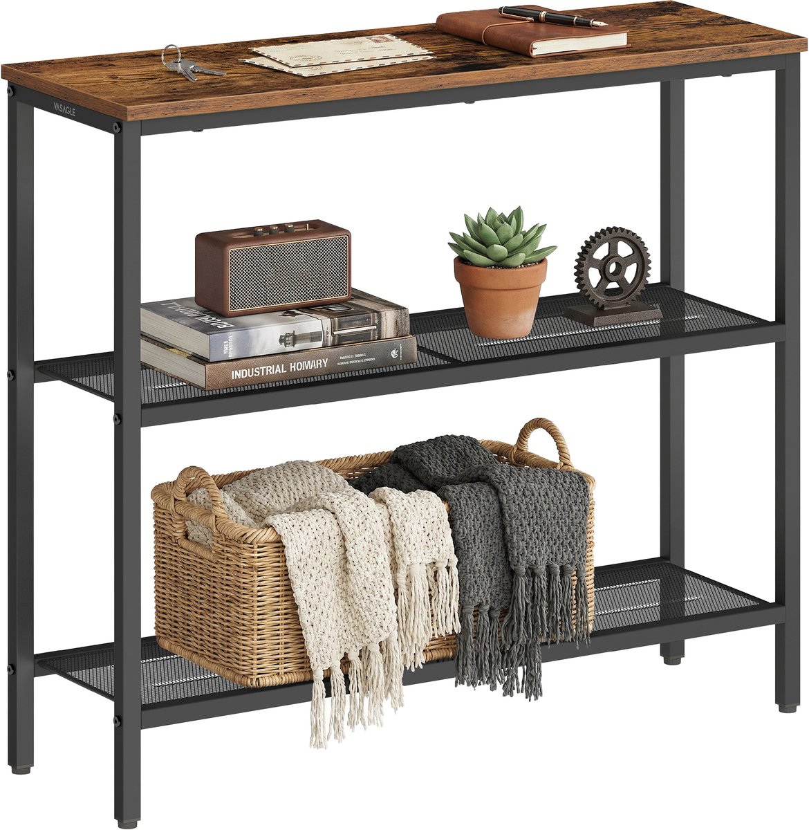 Vasagle Consoletafel - Met 3 Niveaus - Industriële Stijl - Met Metalen Roosterschappen Bruin-Zwart
