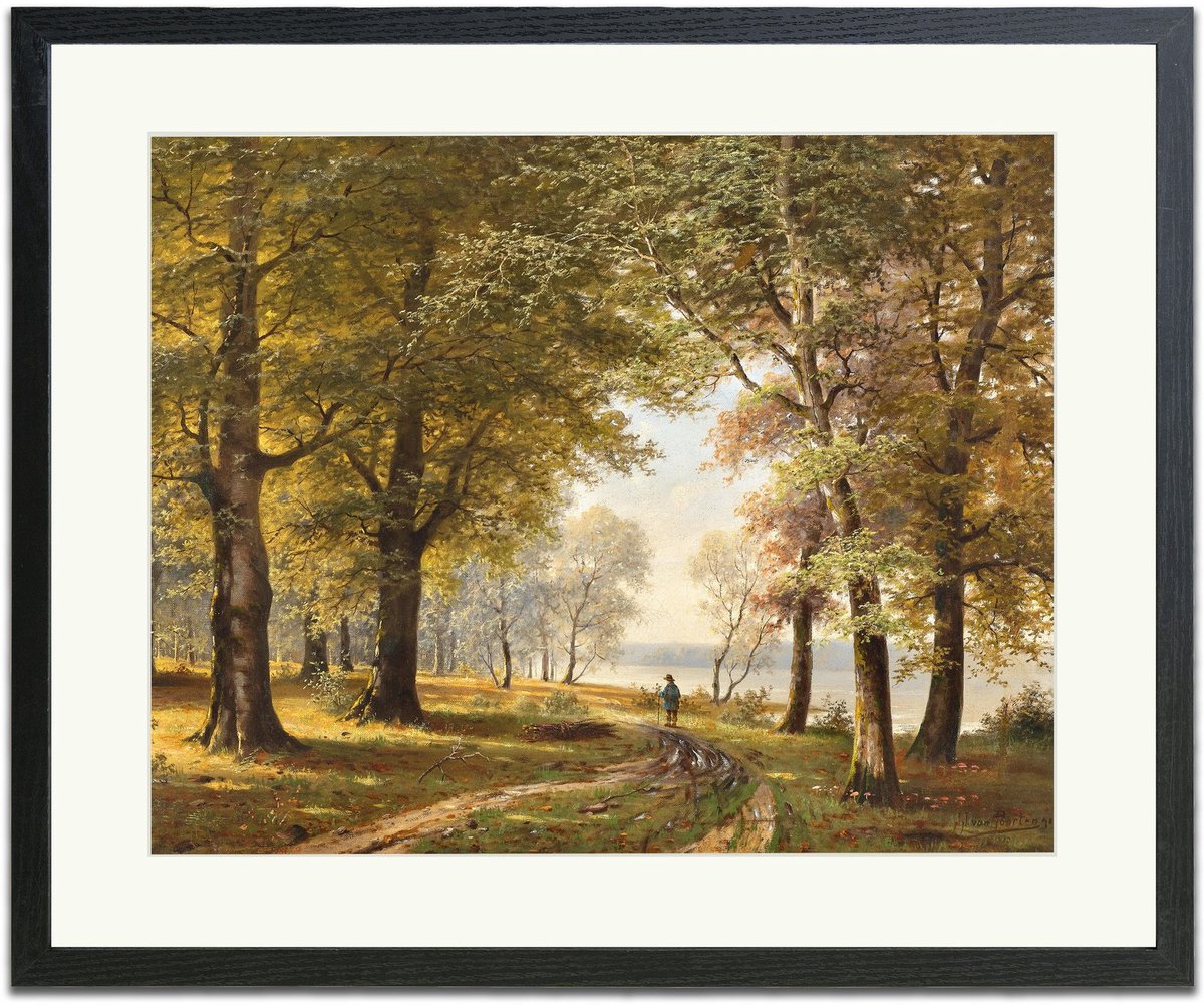 Bospad met wandelaar in de herfst (Jacobus Johannes van Poorten) - Ingelijste Muurkunst - 63x53cm zwart frame - Glasplaat en Passe-partout - Museum kwaliteit print