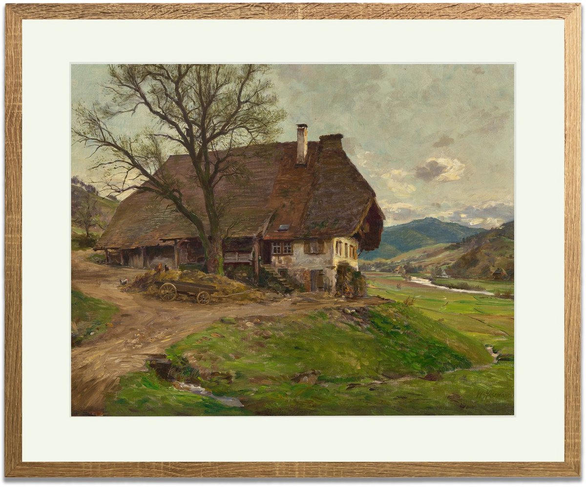 Boerderij in het Zwarte Woud (Wilhelm Gustav Friedrich Hasemann) - Ingelijste Muurkunst - 63x53cm lichtbruin frame - Glasplaat en Passe-partout - Museum kwaliteit print