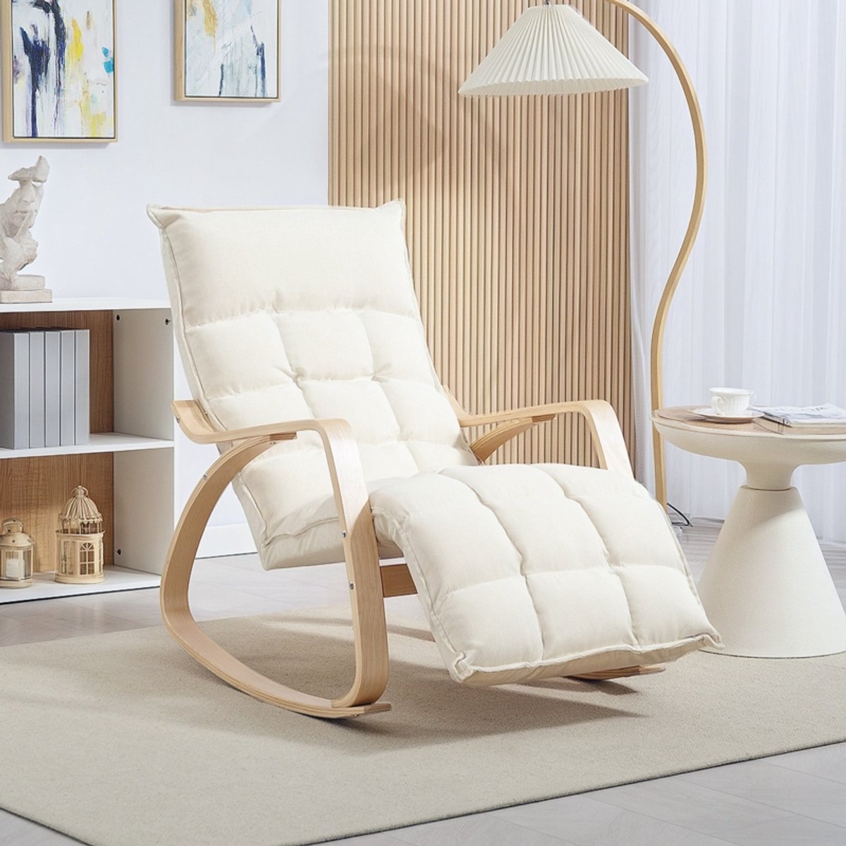 Wishdor - Schommelstoel Met Verstelbare Voetsteun En Rugleuning - Modern Getuft Ontwerp - Voor Woonkamer Of Slaapkamer - Polyester Bekleding - Berkenlaminaat Met Houtnerf - Crèmewit - 67 X 106-123 X 92 Cm