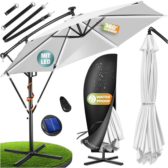 KESSER® Zweefparasol ⌀300cm met LED Solar Verlichting en voet - Parasol 360° Incl. Beschermhoes