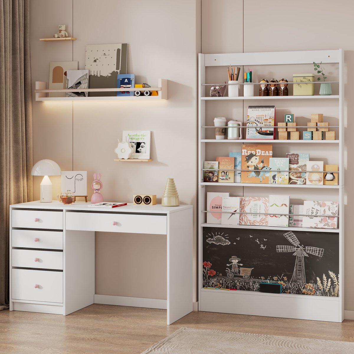 OKWISH Bureau Met Boekenkast – 2-Delige Set Met 5 Laden En Krijtbord – Voor Kinderkamer En Werkkamer – Wit – 120x45x74 cm