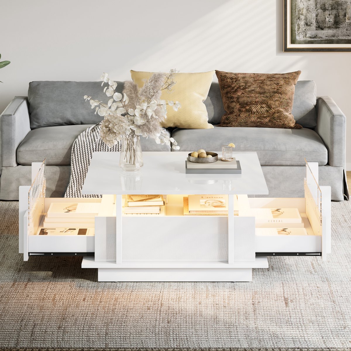 MODFU Salontafel - Hoogglans - 2 Lades En Ledverlichting - Modern - Woonkamer - Spaanplaat - Wit - 70 X 70 X 35 Cm
