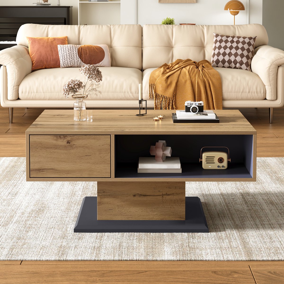 MODFU Salontafel - Dubbelzijdige Opbergruimte En Binnenvak - Modern Minimalistisch - Voor Woonkamer - Spaanplaat - Grijs Houtlook Grijs + Hout