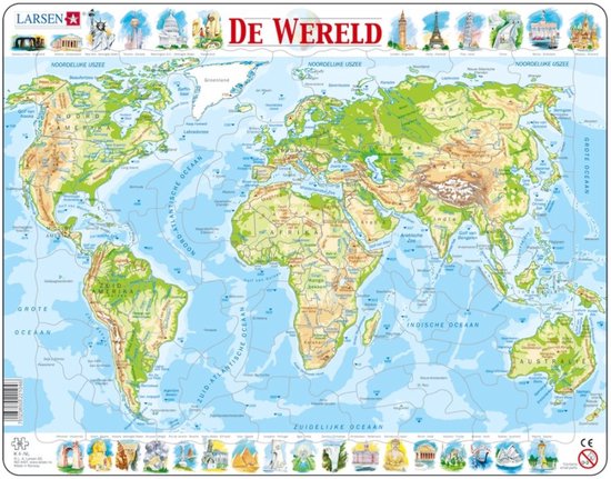 Larsen Wereld geografisch – Puzzel – Kaarten & Geografie – Wereldkaart – Educatieve legpuzzel voor kinderen – 80 stukjes – Gemaakt in Noorwegen – Extra dikke 2,5 mm stukjes – Tray met vaste rand