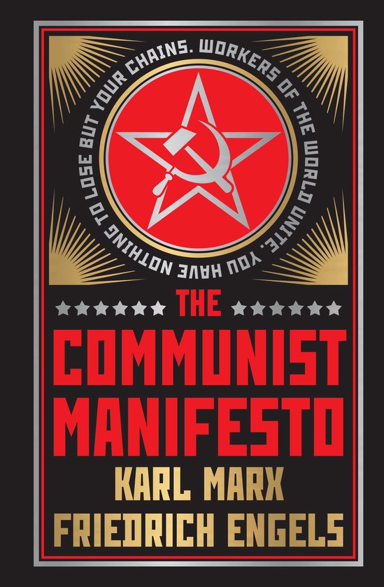 Boekomslag van The Communist Manifesto met een rode ster, hamer en sikkel, en tekst in goud en rood.