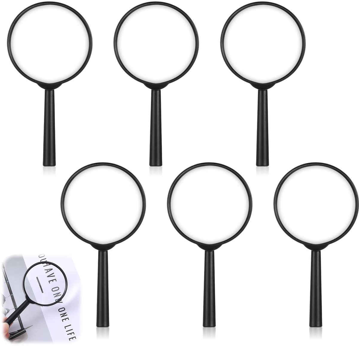 Dailygoods- Kindervergrootglas 6 stuks - Handloep 6 cm - Compact en draagbaar - Onderzoekstools - Themafeesten - Zwarte handgrepen - Loep