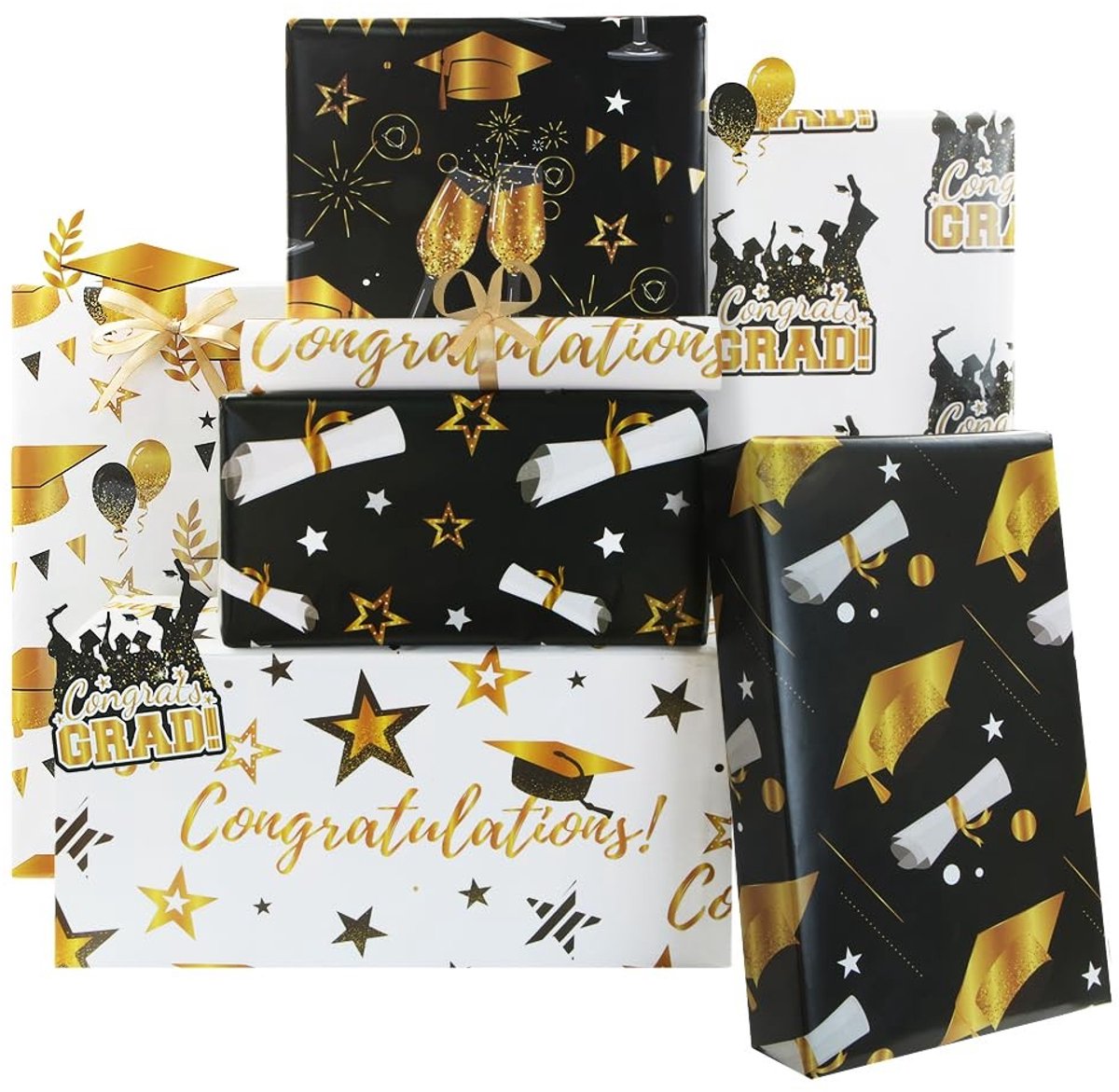 Dailygoods- Cadeaupapier Afstuderen - 6 Vellen - 50 x 70 cm - Zwart/Wit/Goud - Inclusief Gouden Lint - Premium Verpakking - Inpakpapier