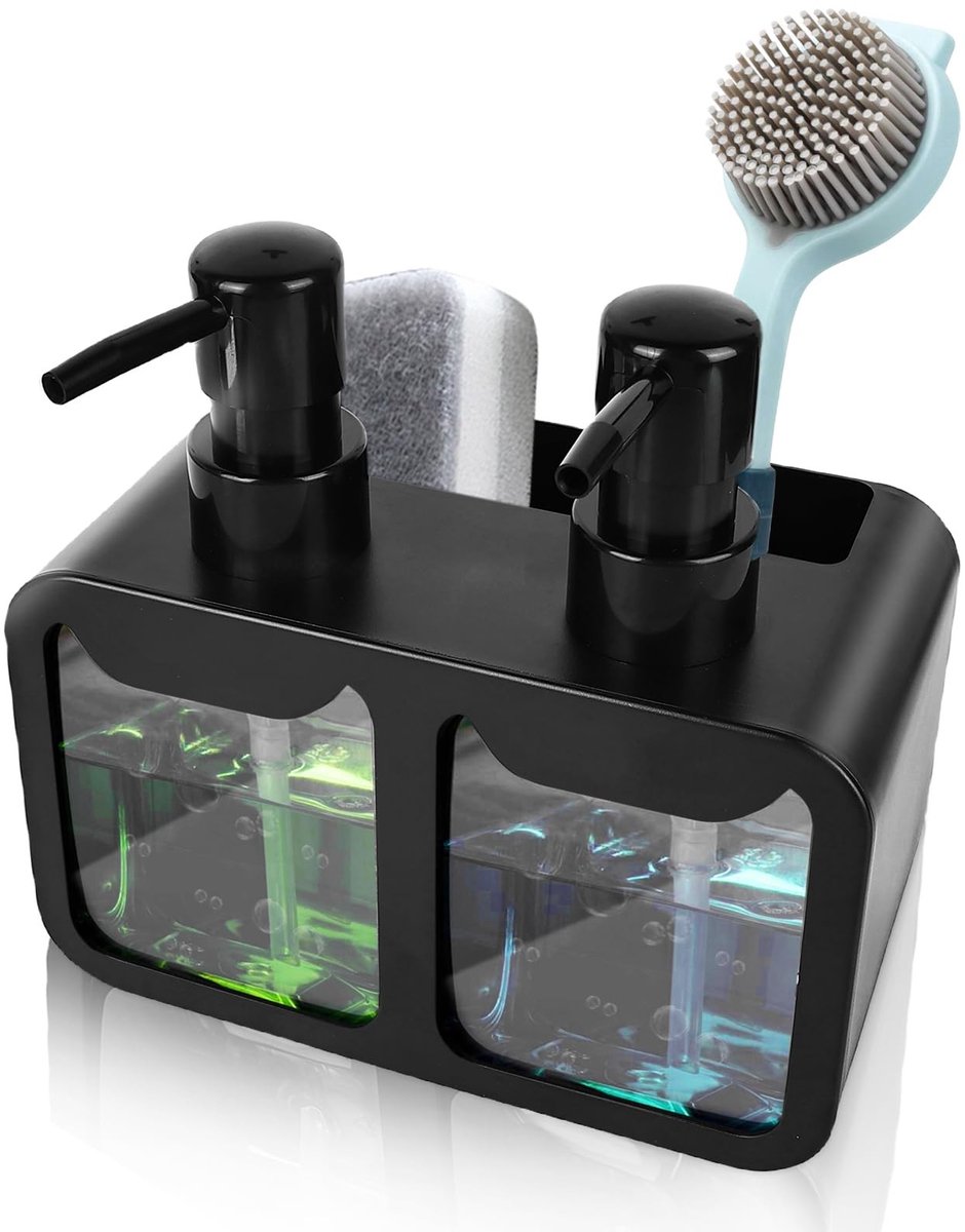 Dailygoods- Zeepdispenser 350 ml - Zeepdispenser Keuken - Sponshouder/Borstelhouder - Afdruipbak - Hoogwaardig ABS - Handdesinfectiemiddel - Afwasmiddeldispenser