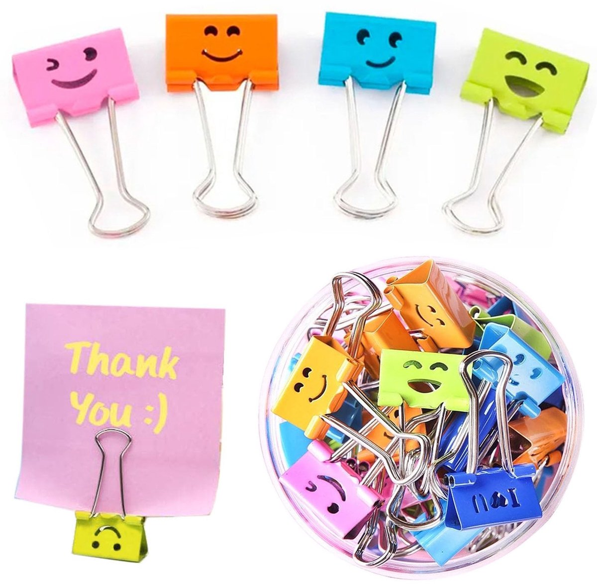 Dailygoods- Papierklemmen 19mm - 40 Stuks Metalen Klemmen - Glimlach Klemmen - Dossierklemmen - Organiseren van Notities - Meerkleurige Indeling - Binderclips