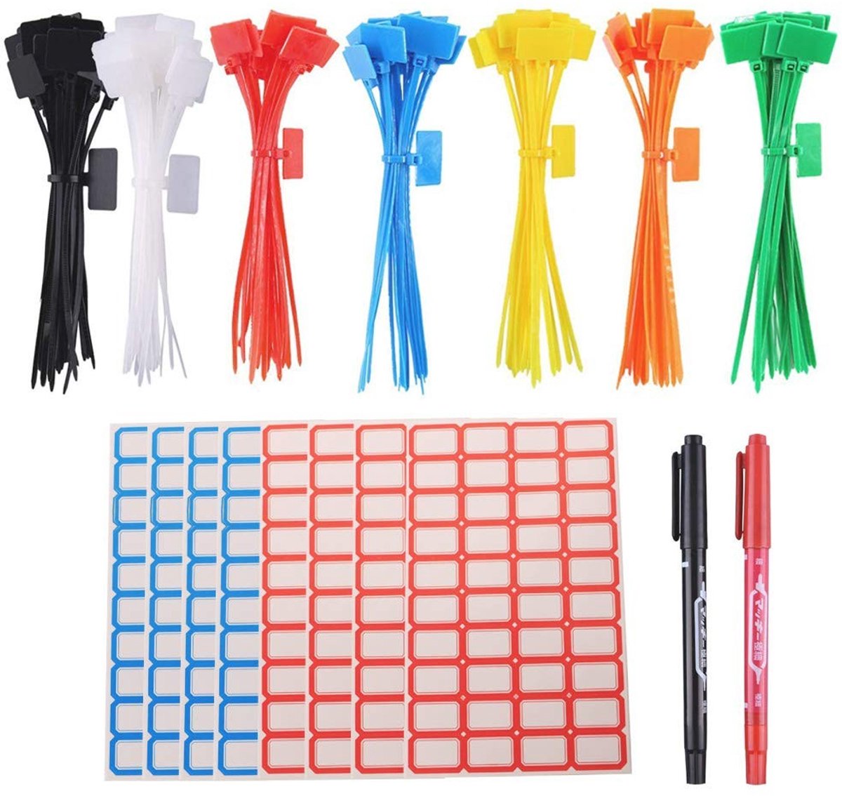 Dailygoods- Kabelbinders 175 stuks - Zelfborgende Kabelbinders - Klittenband Kabelbinders - Herbruikbare Kabelbinders - Kleurige Kabelbinders - Inclusief Etiketten - Kabelorganizer