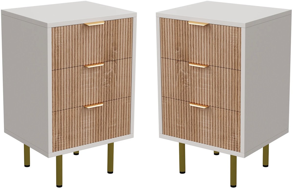VIVERO - Nachtkastje - Nachtkastjes set van 2 - Prachtige design nachtkastjes voor in de slaapkamer - Kleur wit met hout - Gouden greepjes - 40x40x65 cm