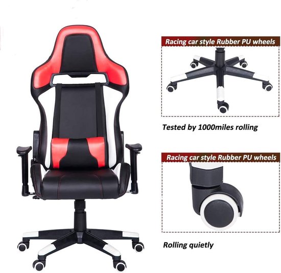 Gaming Stoel - Ergonomische Racer - Comfortabel Zitten - Verstelbare Lendensteun - 225 Pond Gewicht - Rood — afbeelding 3