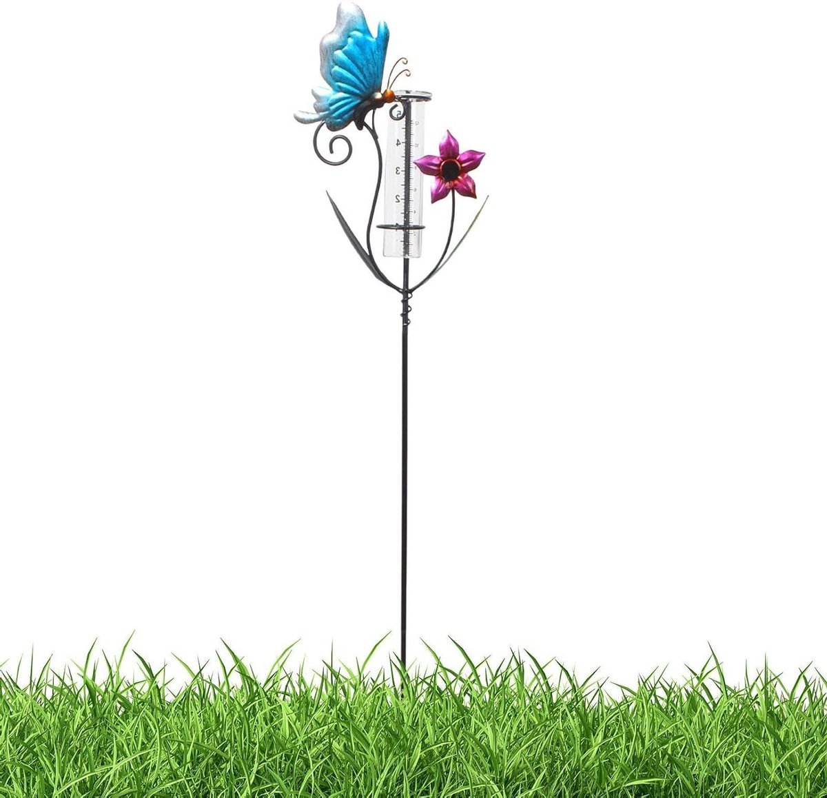 Regenmeter Tuin - Neerslagmeter Decoratief - Weer Meten - Bloemendesign Vlinderdetails - 90 cm Hoog - Blauw Paars