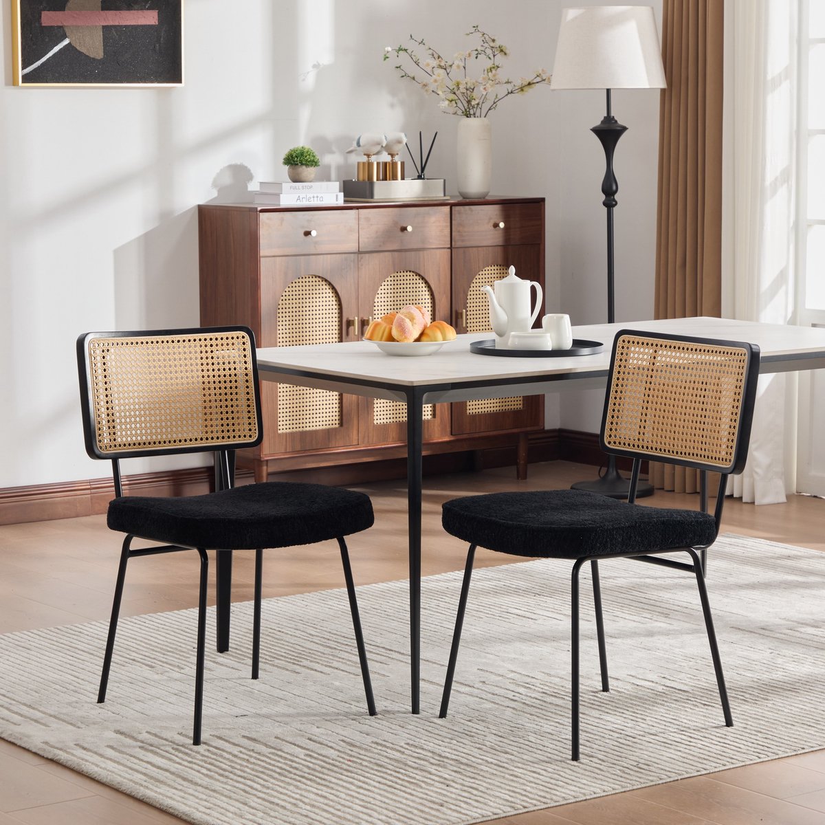 Clruro Eetkamerstoelen - 2 Stuks - Chenille Stoelen zonder Armleuningen Rattan - Houten Frame Verstelbare Poten - Zwart