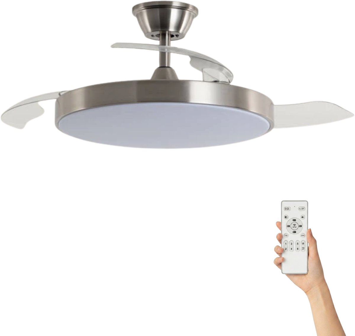 Fantiluxe - Varnvik - Plafondventilator met verlichting - Nikkel Transparant - Ø106cm - Afstandsbediening - Met lamp - Plafond ventilator - Slaapkamer