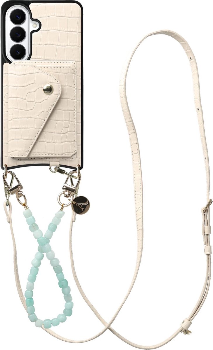 AVY Leren Hoesje geschikt voor Samsung Galaxy S26 Plus | Met Koord en Kaarthouder | Compatibel met MagSafe | Leather Case met Polsand & Crossbody Koord & Wallet | Cubiq Leather Set | Croco Beige