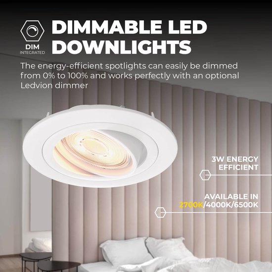 Dimbare, energiezuinige witte LED inbouwspot van 3W, beschikbaar in 2700K, 4000K, 6500K.