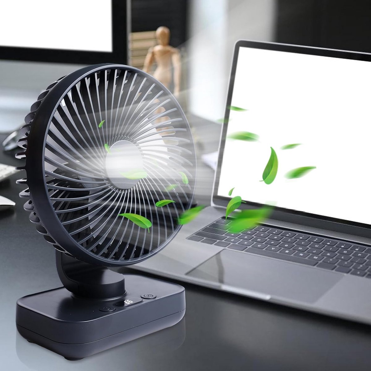 QTTVBTNA – Ventilator - Mini Tafelventilator met Oscillatie – USB Oplaadbare Ventilator - Klein & Geruisloos – 3600mAh – Draadloze Bureauventilator – Voor Bureau, Slaapkamer, Kantoor, Thuis, Camping en Picknick – Donkerblauw