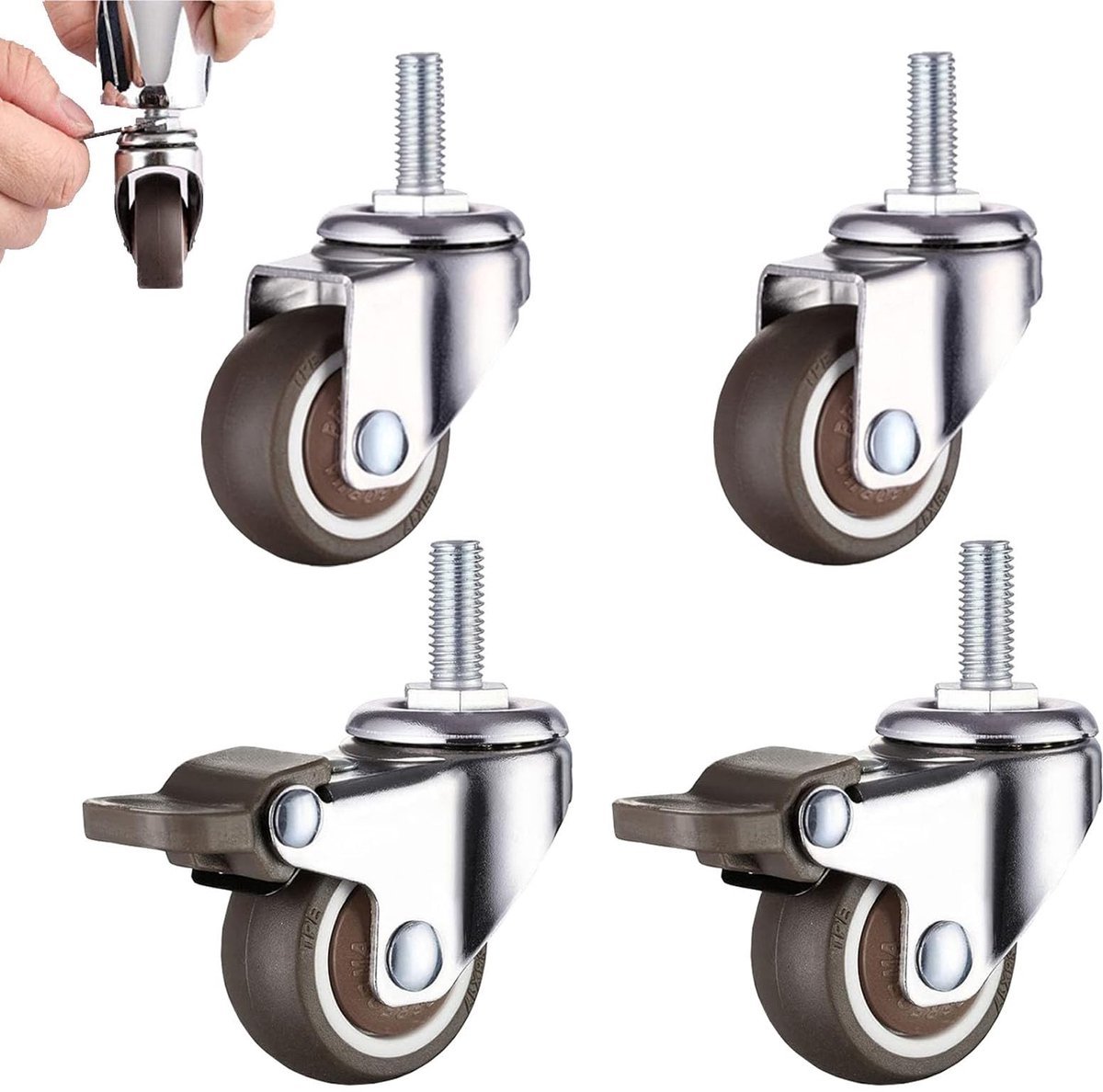 Dailygoods- Zwenkwielen set van 4 - 25 mm geluidsarm - M6 met schroefdraad - 2 wielen met rem - 2 wielen zonder rem - rubberen wielen - Meubelwielen