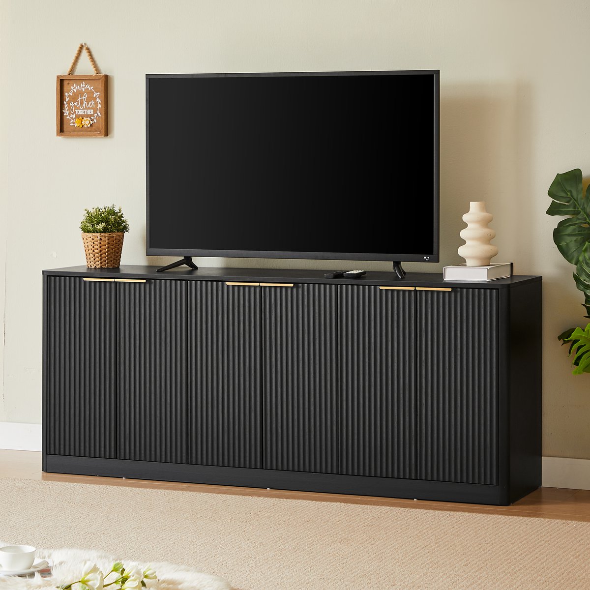 Dressoir - 170 x 40 x 70,5 cm - 6 Deuren met Golfvormig Design - Opbergruimte - Houtmateriaal - Zwart