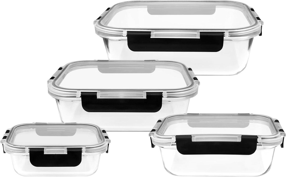 KUUKA Glazen bewaardozen set – 370 ml + 640 ml + 1050 ml + 1520 ml voedselcontainers van borosilicaatglas met deksels, luchtdicht & lekvrij, magnetron- & diepvriesbestendig, ideaal voor meal prep