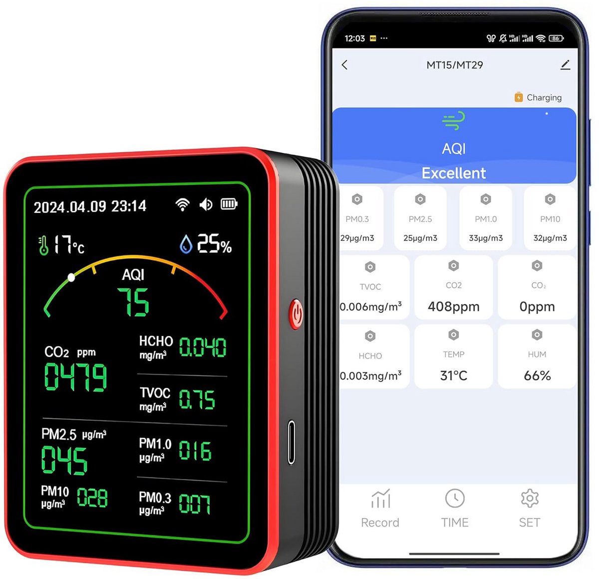 WLAN luchtkwaliteitsmonitor: 15-in-1 luchtkwaliteitsmeter detecteert PM, CO2, TVOC, HCHO, PM, AQI, temperatuur en luchtvochtigheid, CO2-monitor met app-afstandsbediening, voor Smart Home Automation