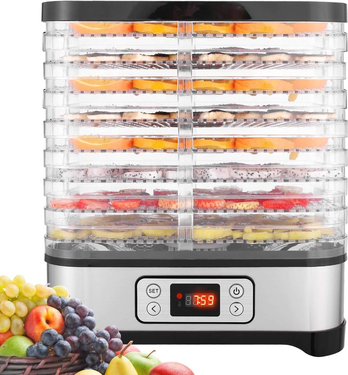 Hopekings Voedseldroger voor groenten en fruit, lcd-display, 72-uurs timer, 8 paletten, voedseldroger voor levensmiddelen, instelbare temperatuur (35 °C - 70 °C), 400 W