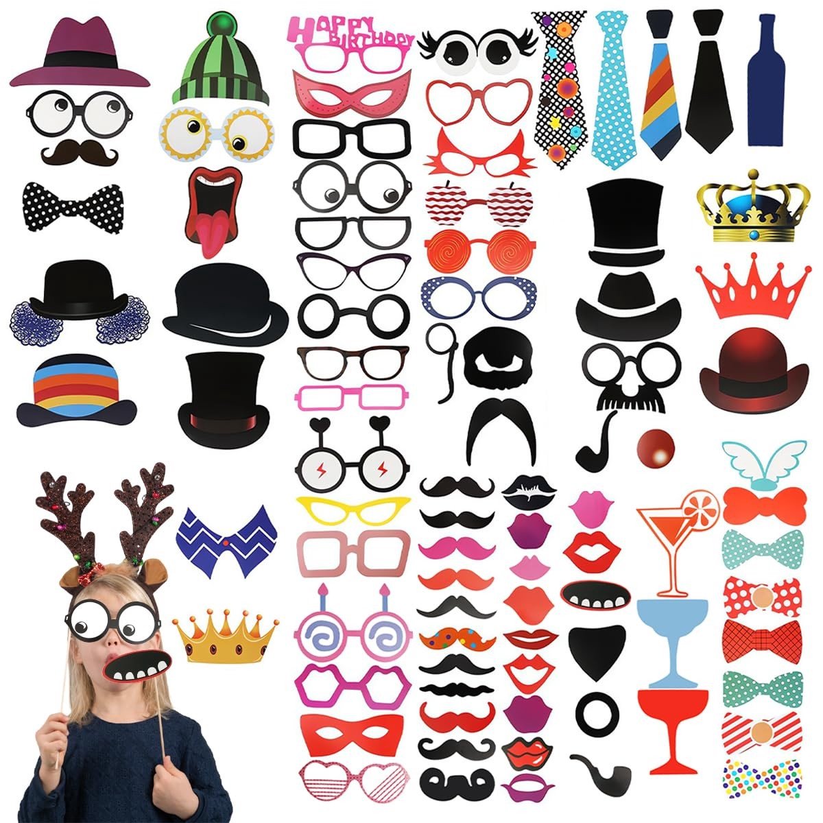 Dailygoods- Fotorekwisieten 89 Stuks - Feestaccessoires - Verjaardag - Bruiloft - Fotobox - Retro Thema - Geschikt voor Diverse Gelegenheden