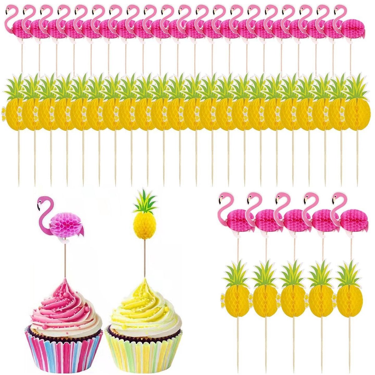 Dailygoods- Fruitplectrums 50 stuks - Flamingo's/Ananasplectrums - 3D-honingraatbal - Taartdecoratie - Fruitborden - Papier/Hout