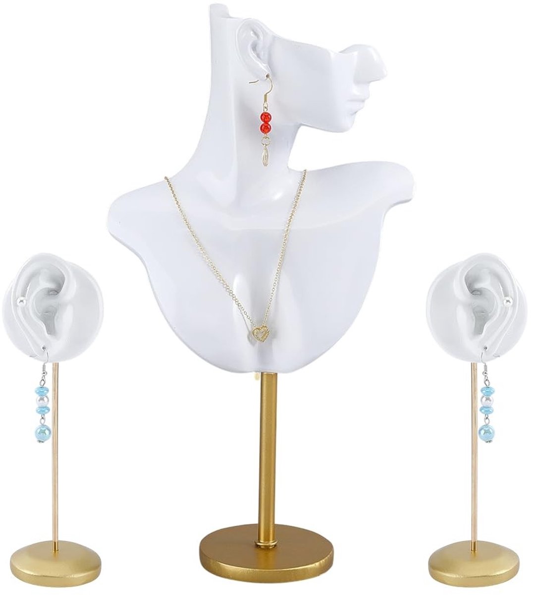 Dailygoods- Sieradenbuste - Presentatiestandaard - Halskettingen/Oorbellen - Goudkleurige ijzeren steun - 32 cm hoog - Mat wit, fotoklaar oppervlak - Sieradenstandaard
