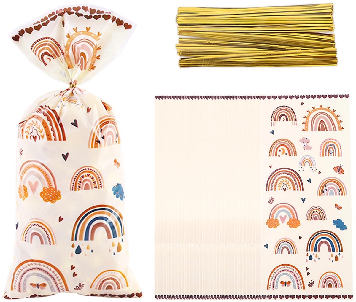Dailygoods- Snoepzakjes 50 stuks - Regenboogdesign - Cadeauzakjes - Verpakkingszakjes - Lichtgewicht - Duurzaam materiaal 12,5 x 7,5 cm