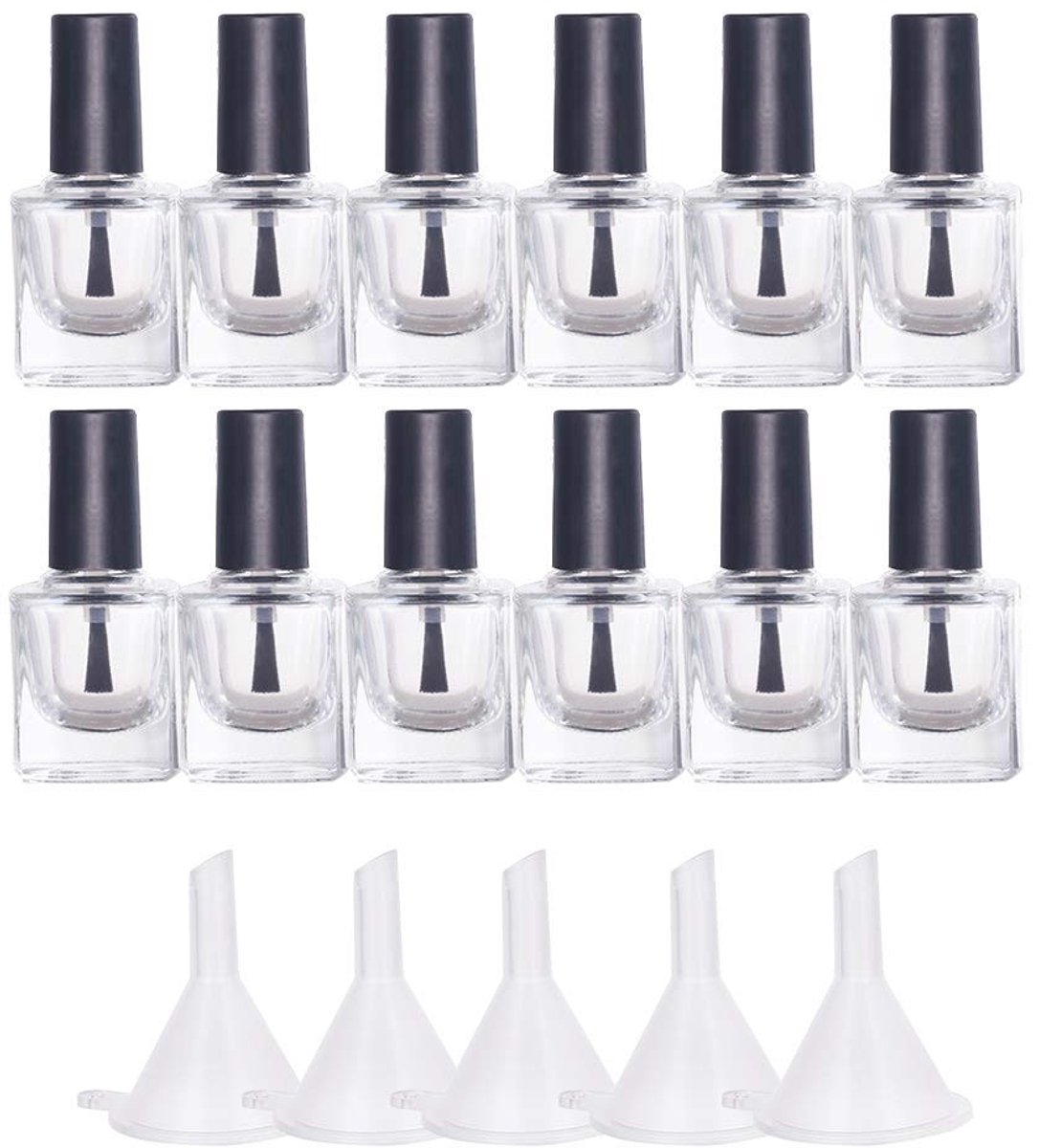 Dailygoods- Nagellakfles 10 ml - 12 Stuks - Transparant Glas - PP-Kunststof Dop - Borstel Binnenin - Ideaal voor Etikettering - Nagellakflacon