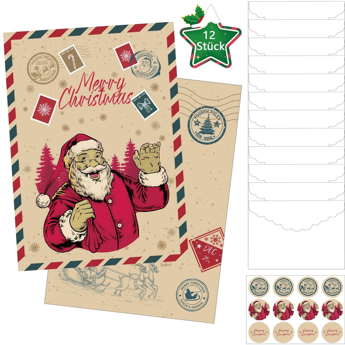 Dailygoods- Kerstkaarten Set 12 Stuks - Kerstkaarten met Enveloppen - Nostalgische Wenskaarten - Vrolijke Kerstkaarten - Hoogwaardig Papier - Inclusief Kerststickers