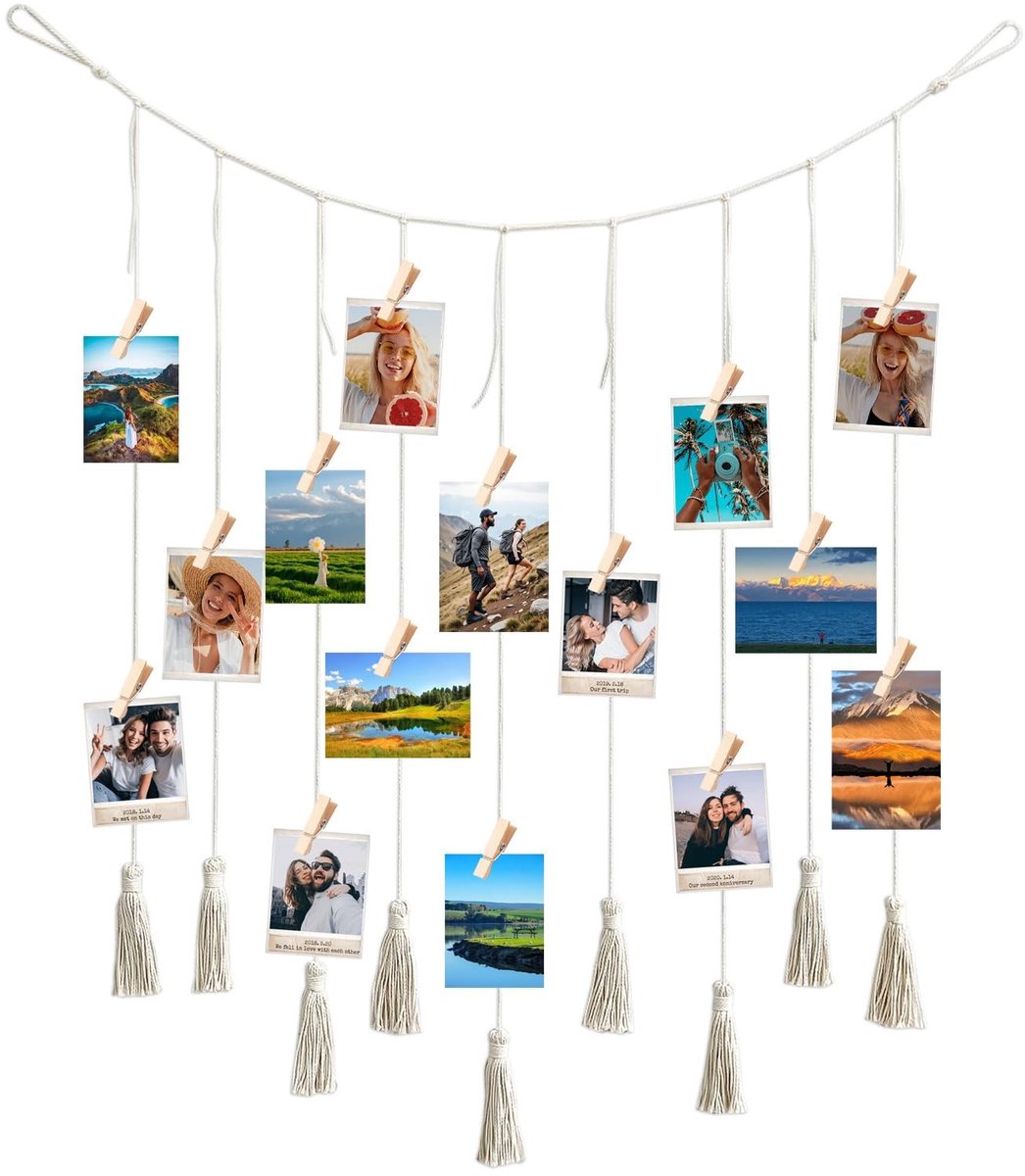Dailygoods- Fototouw met 20 Clips - Wanddecoratie - Boho Fototouw - 150 cm x 70 cm - Praktisch in Gebruik - Inclusief Franjes - Foto Ophangsystemen