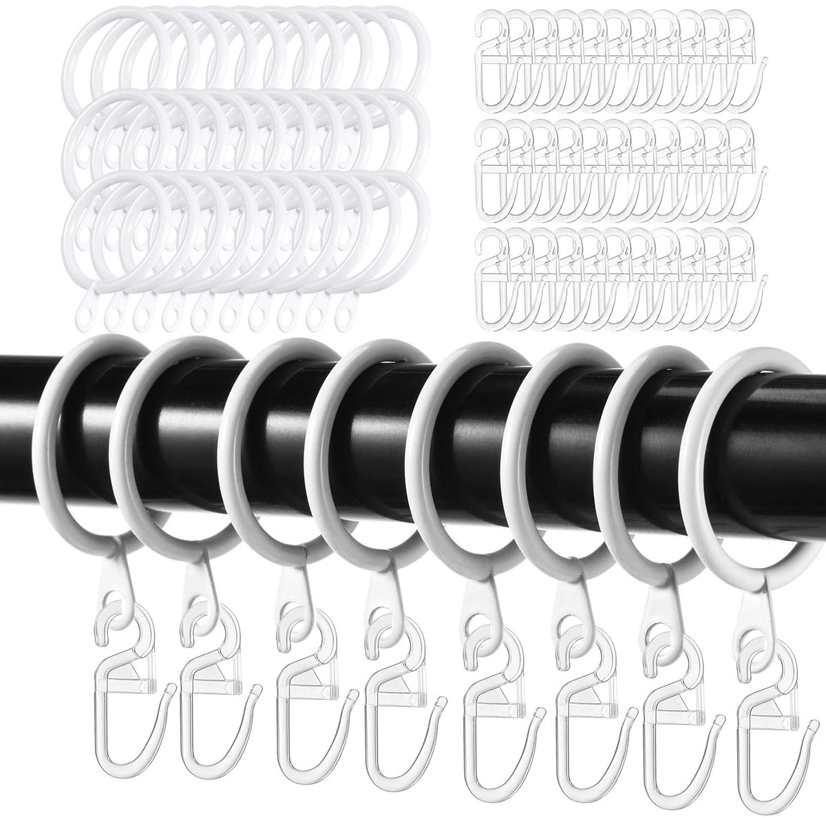 Dailygoods- Gordijnringen 30 Stuks - Metalen Gordijnringen - Kunststof Gordijnhaken - 30 mm Binnendiameter - Voor Raam/Deur/Douchegordijnen - Wit - Raamdecoratie