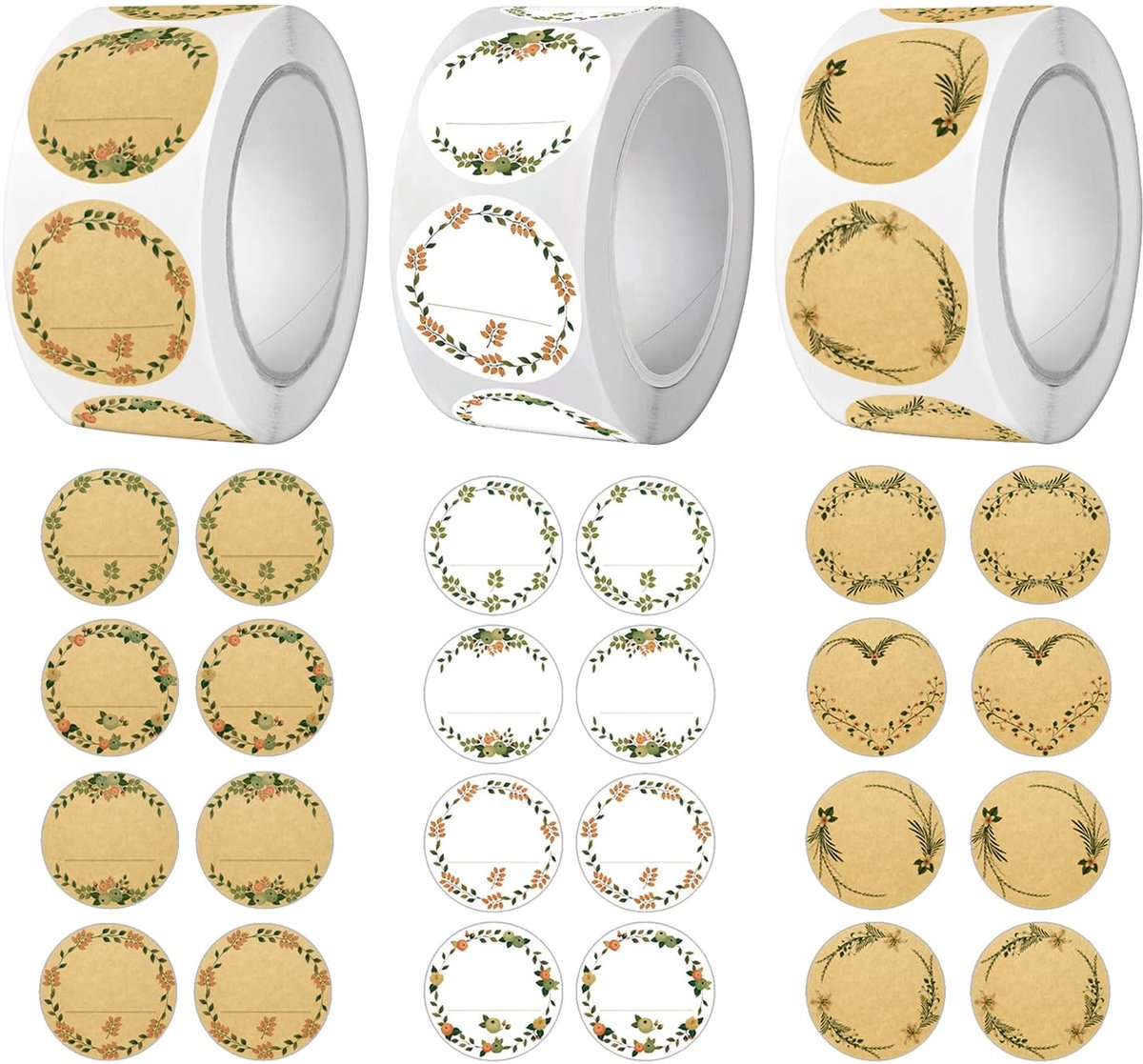 Dailygoods- Stickers 3 Rollen - Jam Identificatie Labels - Kruiden Identificatie Stickers - Garland Patroon - Geschenkverpakking - Kraftpapier Zelfklevend - Etiketten